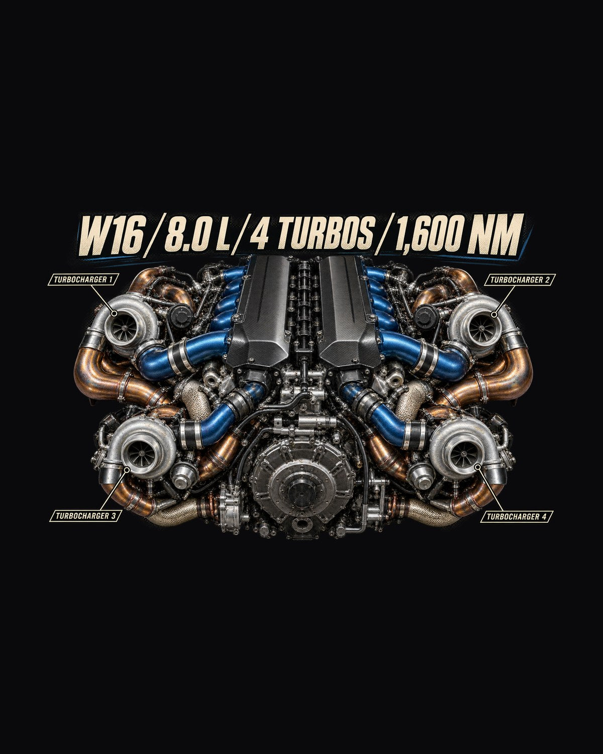 Bugatti W16 8.0L Quad-Turbo Engine Poster Shirt, 1,600 Nm design only