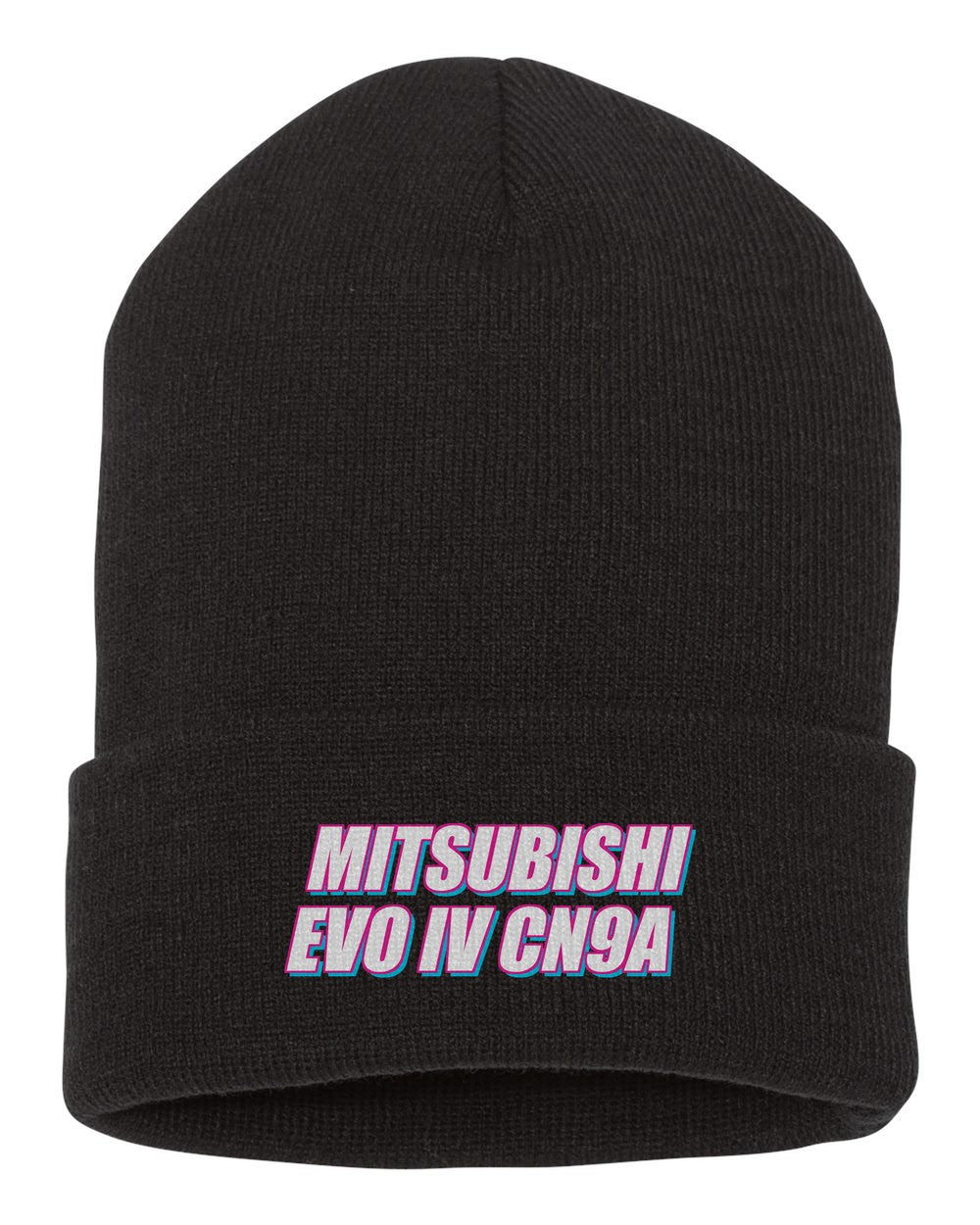 Mitsubishi Evo Iv Cn9A black beanie front view with car name