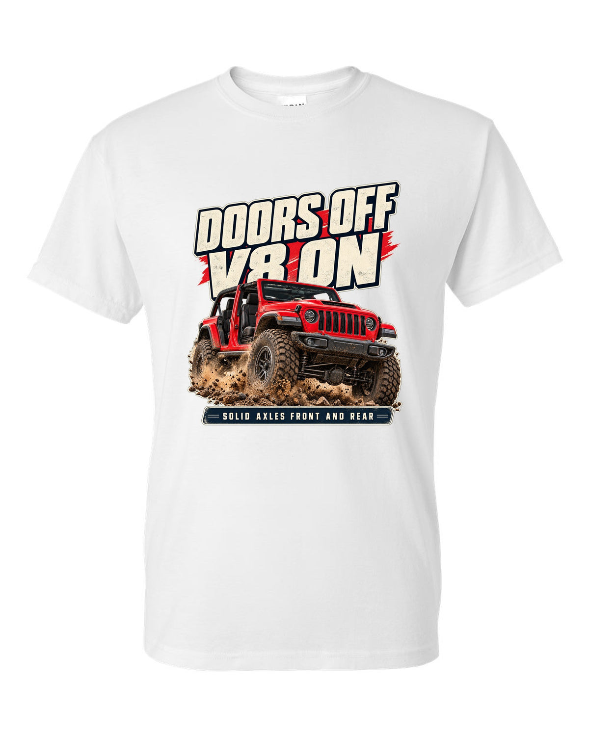 Editorial headline print for the Jeep Rubicon 392 about doors off and a V8 white t-shirt front view with the design