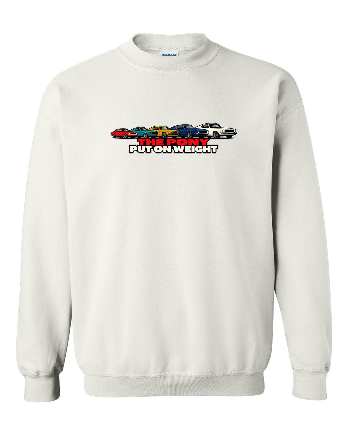 Generation evolution lineup print of five first-generation Ford Mustangs 1965-73 white crewneck front view with the design