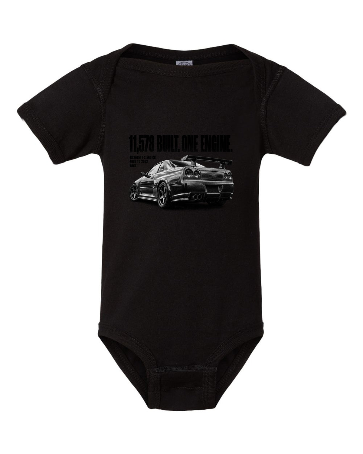 Halftone rear three-quarter view of a Nissan Skyline GT-R R34 with 11,578 built lettering black baby onesie front view with the design
