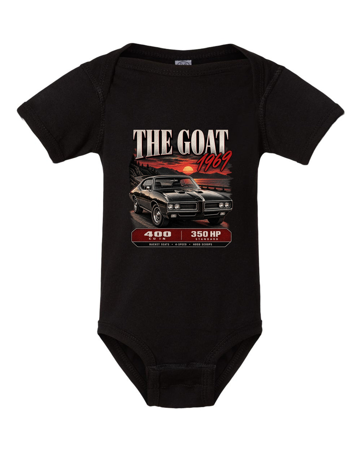 1969 Pontiac GTO archive panel print with 400 cu in spec callouts black baby onesie front view with the design