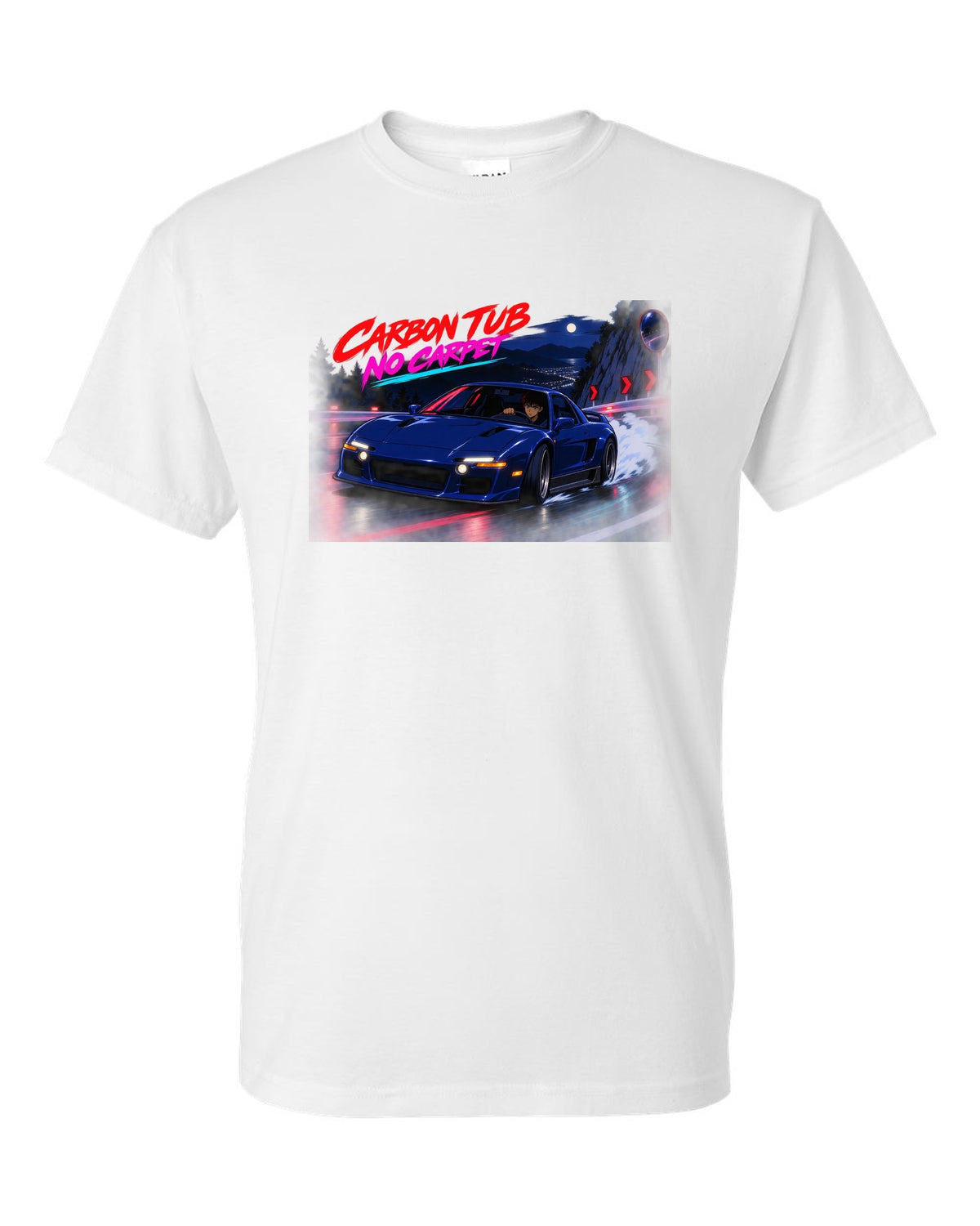 Cel-shaded anime night touge scene with an Alfa Romeo 4C and carbon tub no carpet text white t-shirt front view with the design