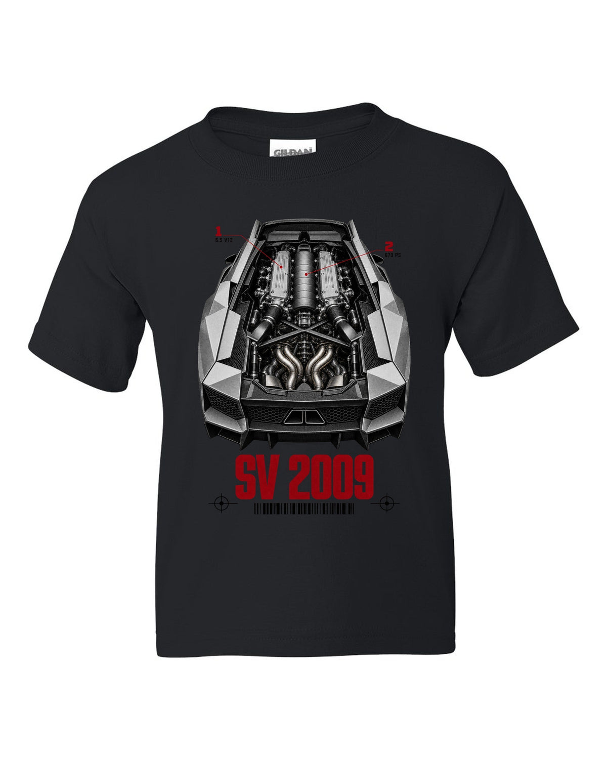 Engine hero print of a Lamborghini Murcielago LP670-4 SV with 6.5 V12 and 670 PS callouts black kids tee front view with the design