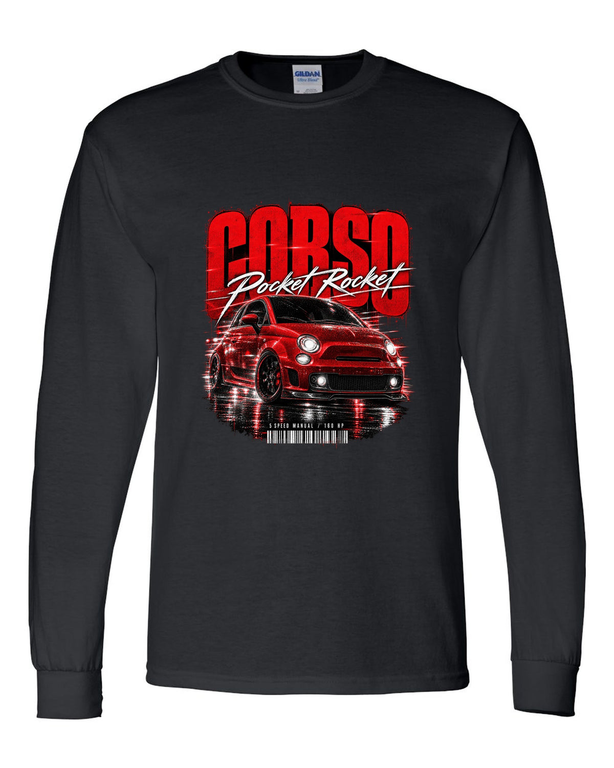 Street poster print of a Fiat 500 Abarth with Corso Pocket Rocket 5 speed manual text black long sleeve front view with the design