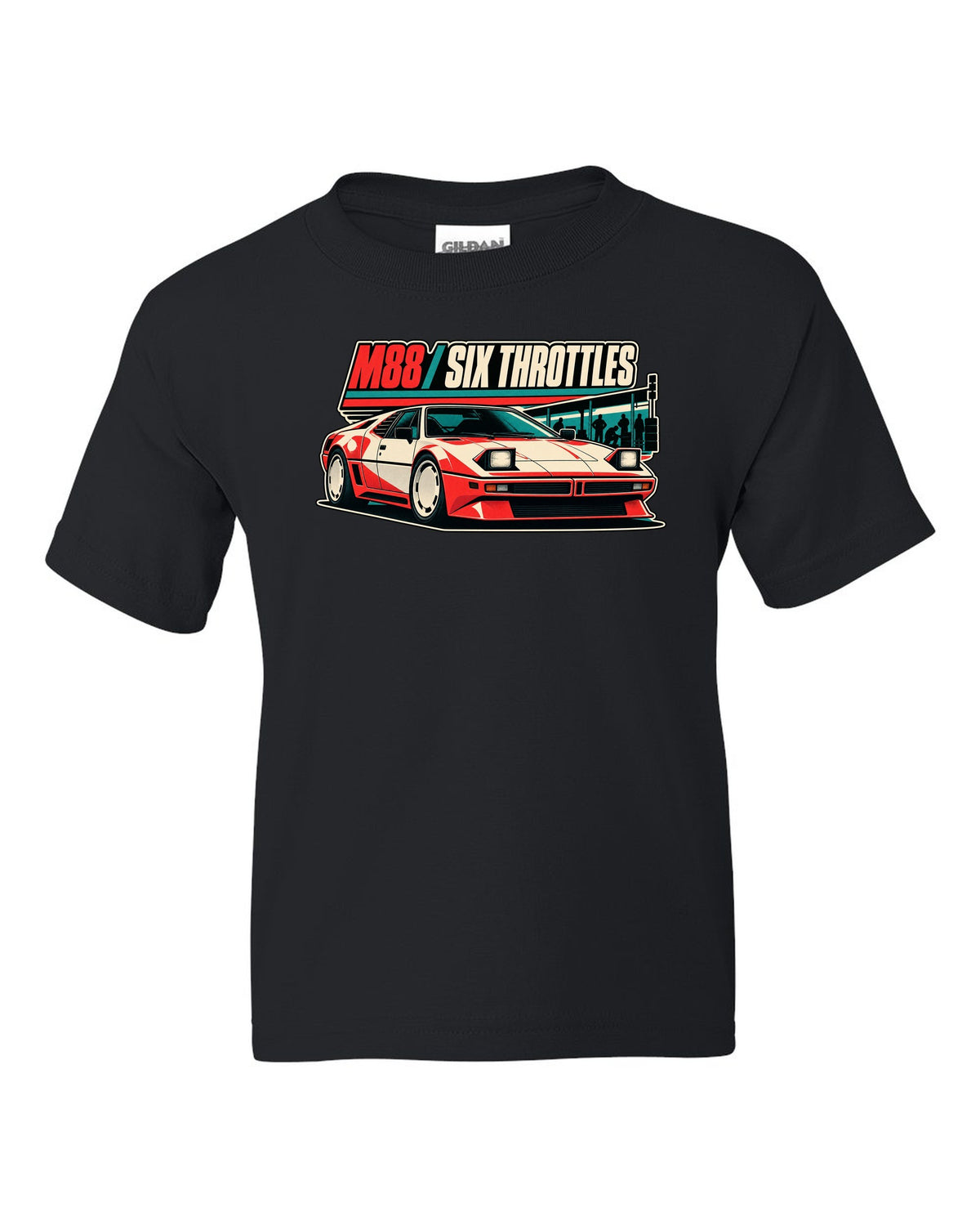 Vintage race poster print of a BMW M1 E26 with M88 six throttles lettering black kids tee front view with the design