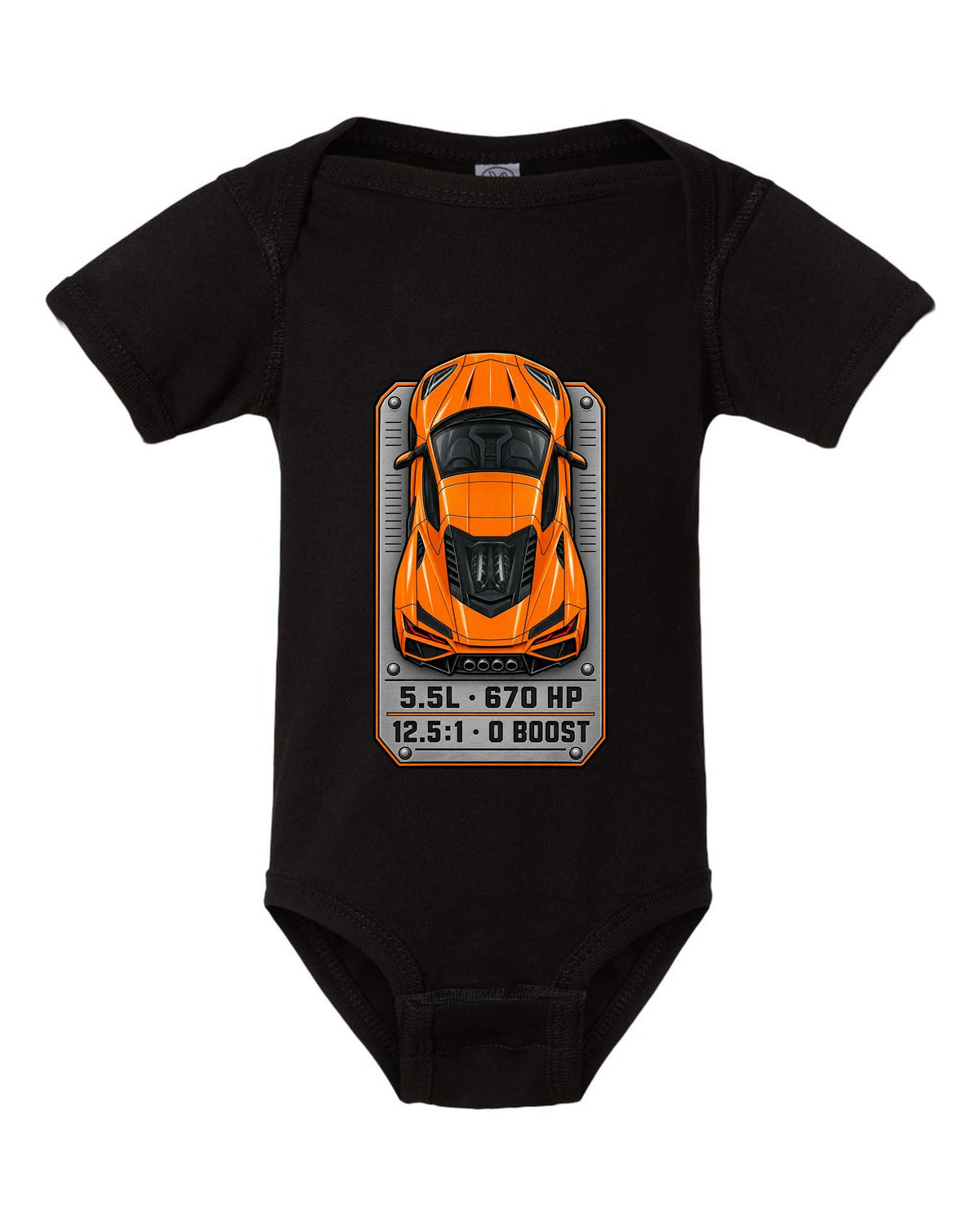 80s airbrush chrome style design of a 2025 C8 Corvette ZR1 black baby onesie front view with the design