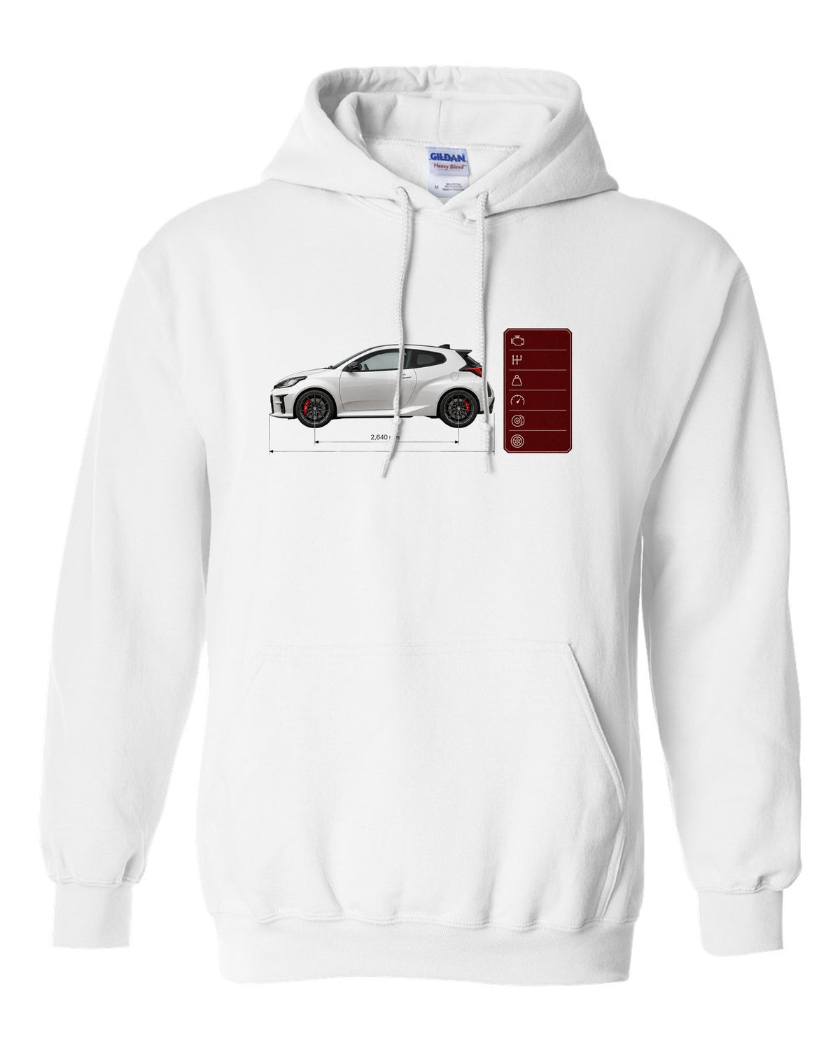 Pearl white-grey Toyota GR Yaris Circuit Package spec poster with homologation text white pull over hoodie front view with the design