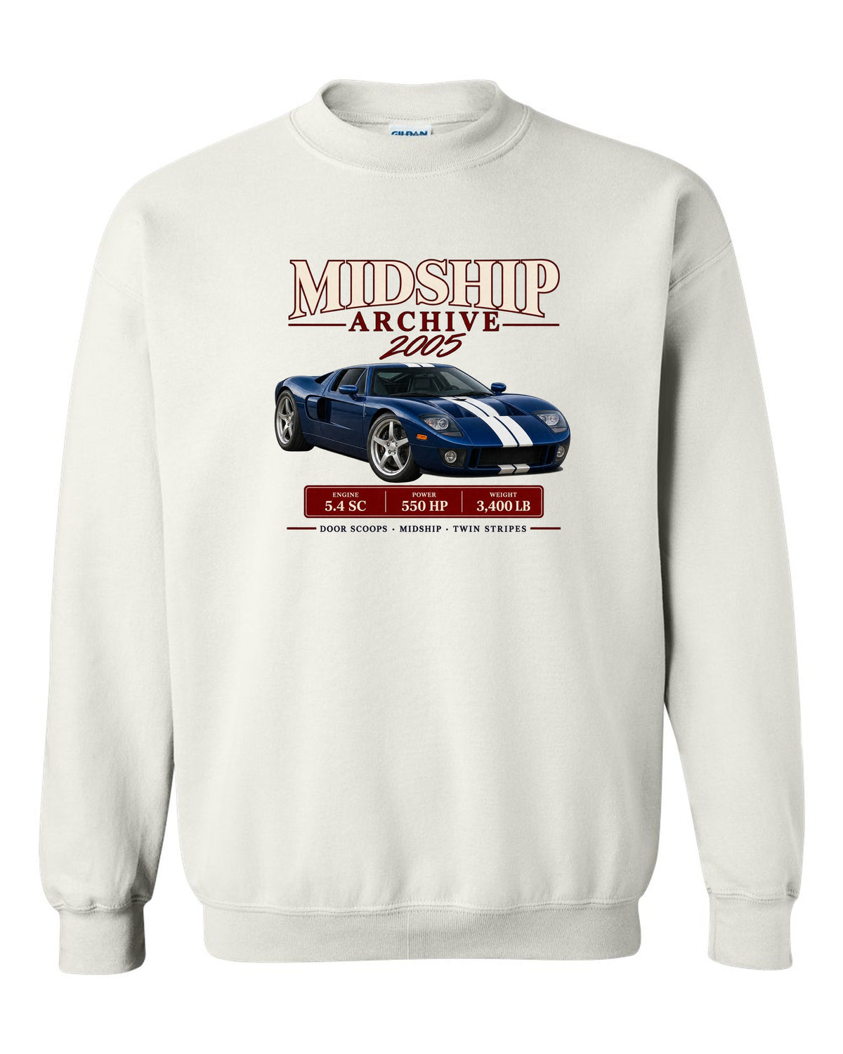Ford GT 2005-06 midship archive panel print with door scoops, 5.4 SC and 550 HP white crewneck front view with the design