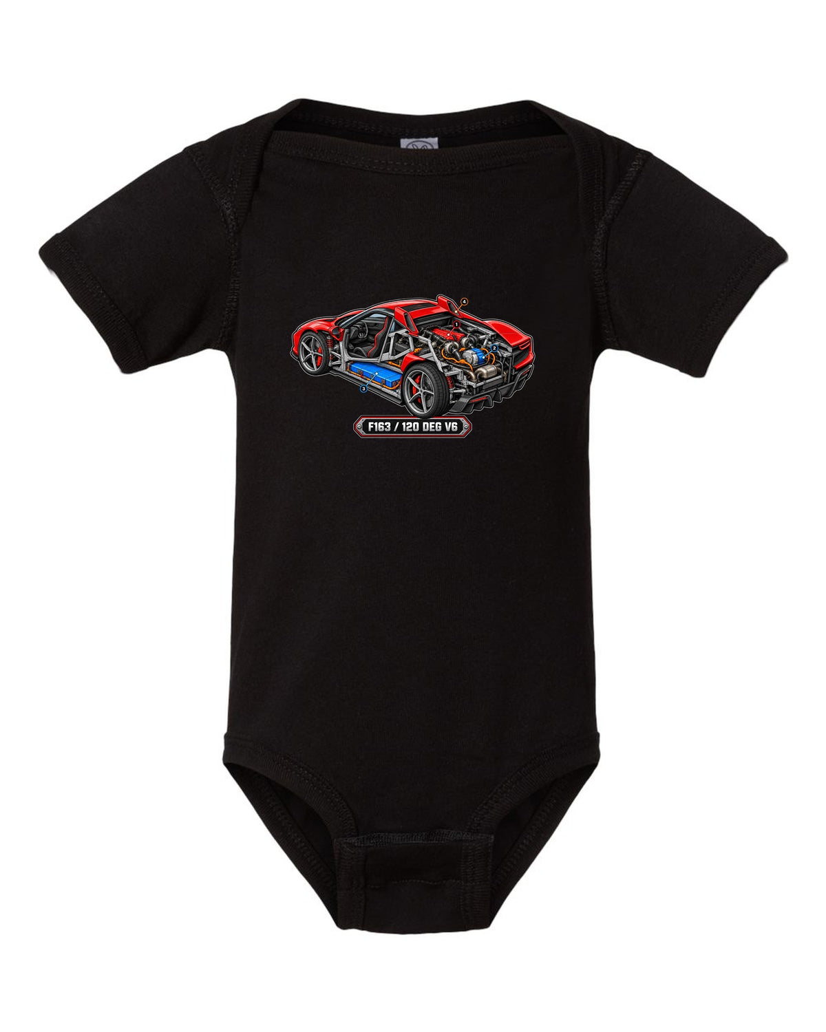 Isometric cutaway diorama of the Ferrari 296 GTB hybrid V6 engine black baby onesie front view with the design
