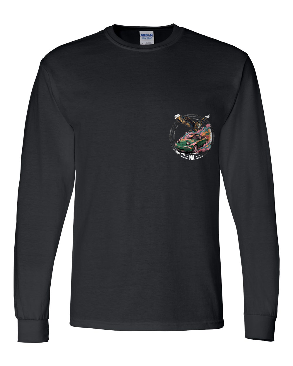 Mazda MX-5 Miata Owl Long Sleeve T-Shirt — Black front emblem
