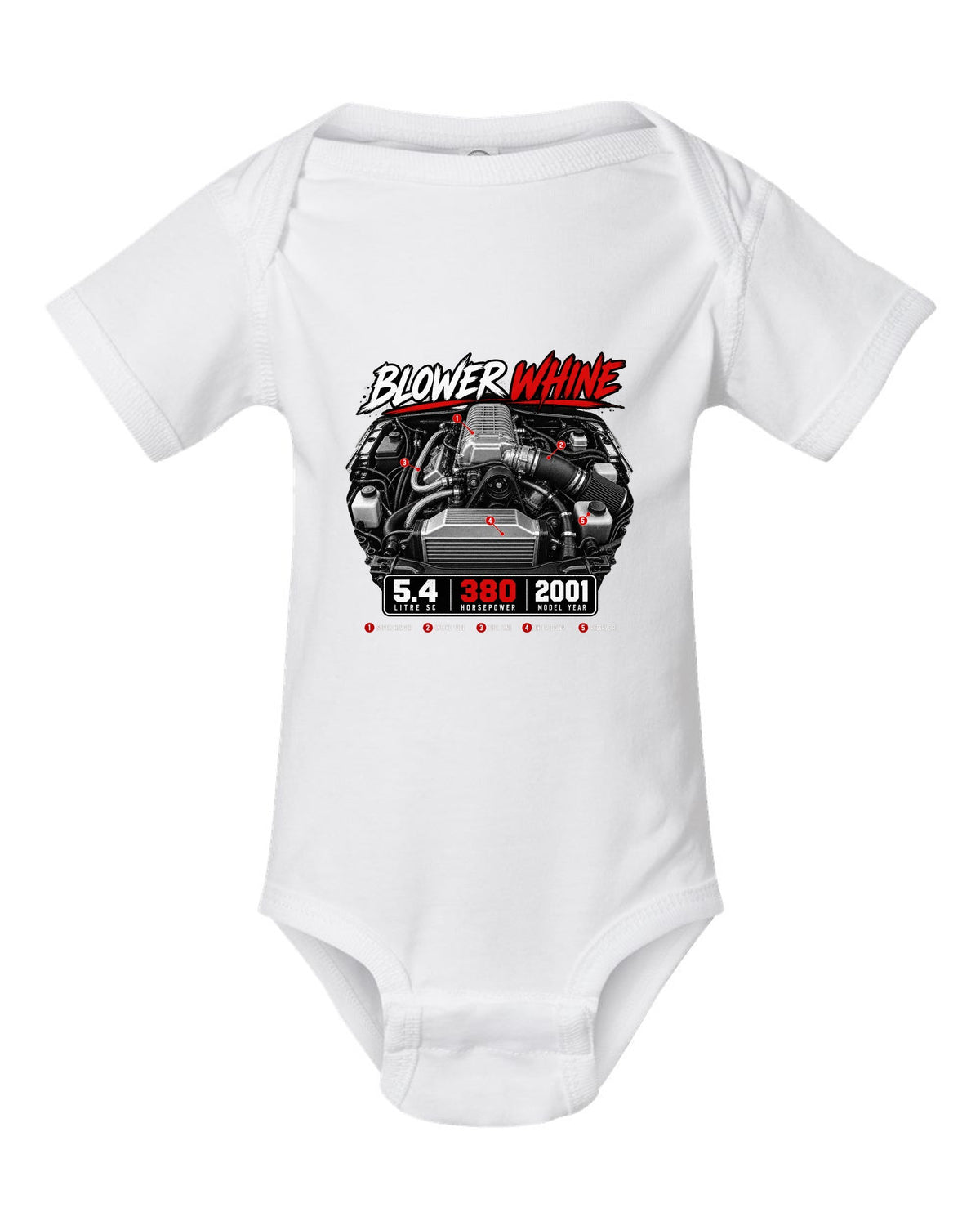 Ford F-150 SVT Lightning 1999-2004 engine hero print with blower whine and 5.4 SC white baby onesie front view with the design