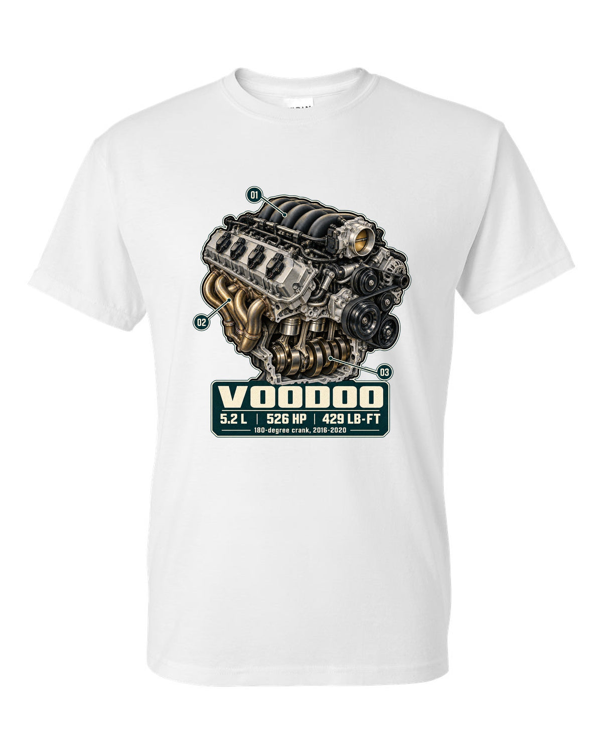 Ford Mustang S550 Shelby GT350 Voodoo 5.2 L engine hero print white t-shirt front view with the design