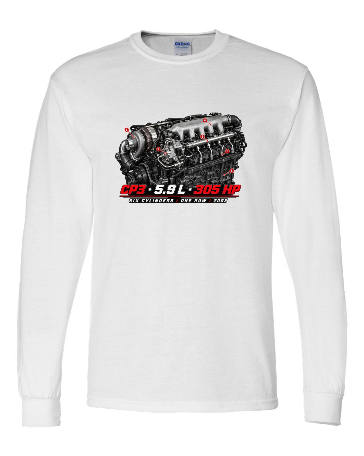 Engine hero print of a 5.9 L inline-six common rail turbo diesel with CP3, 5.9 L, 305 HP white long sleeve front view with the design