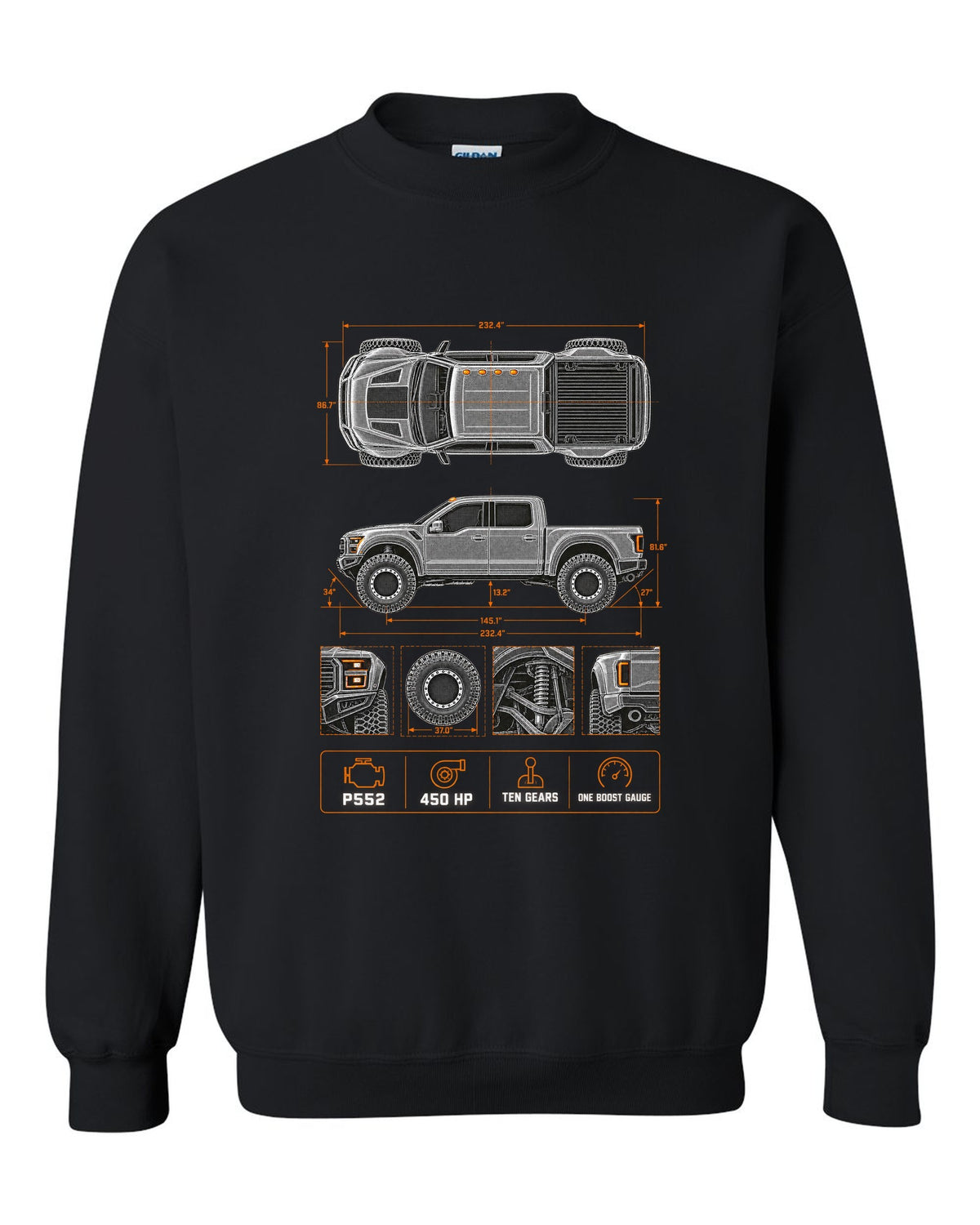 Ford F-150 Raptor Gen 2 P552 spec poster print with 450 HP and ten gears black crewneck front view with the design