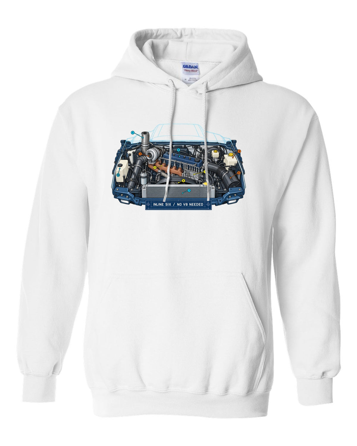 Blueprint-style print of a 1994-1998 Dodge Ram 2nd gen 5.9 inline-six diesel engine bay white pull over hoodie front view with the design