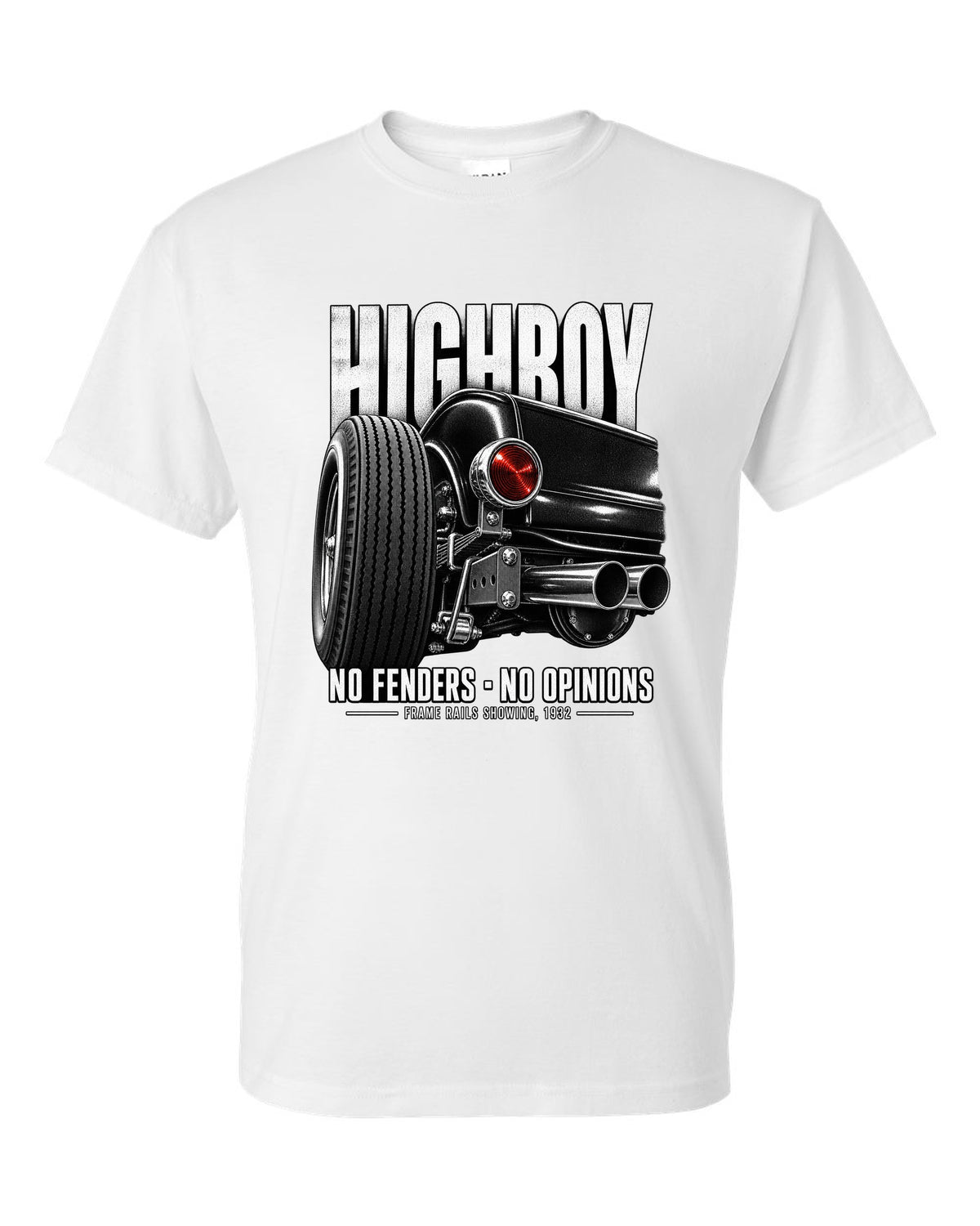Rear taillight detail print of a 1932 Ford Deuce highboy roadster white t-shirt front view with the design