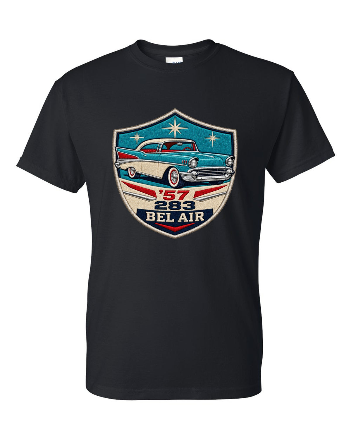 Original shield crest print for a 1957 Chevrolet Bel Air with 283 lettering black t-shirt front view with the design
