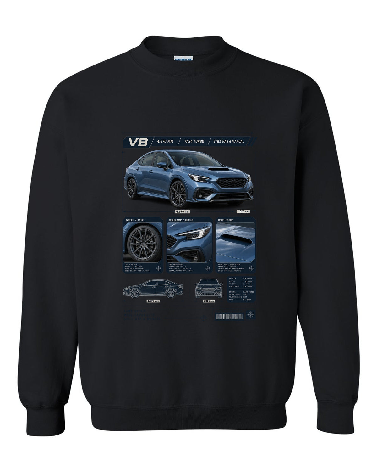 Dossier-style panel layout of a Subaru WRX VB sedan with GT and TR detail panels black crewneck front view with the design