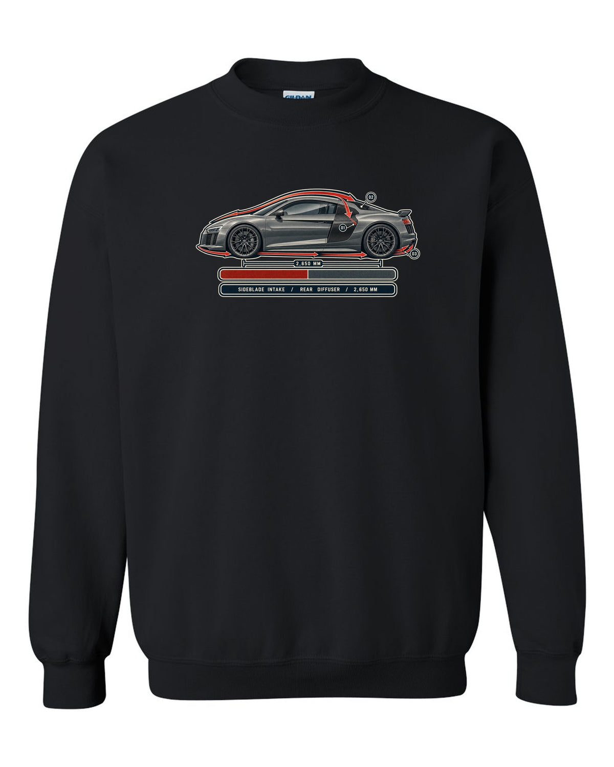 Audi R8 V10 plus Type 4S airflow cutaway with sideblade and diffuser callouts black crewneck front view with the design