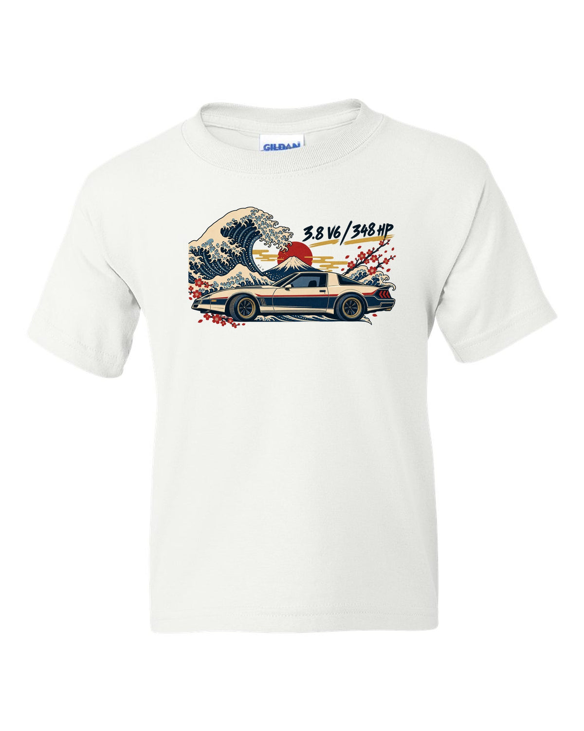 Ukiyo-e woodblock print of a Hyundai Genesis Coupe BK2 with 3.8 V6 348 HP text white kids tee front view with the design