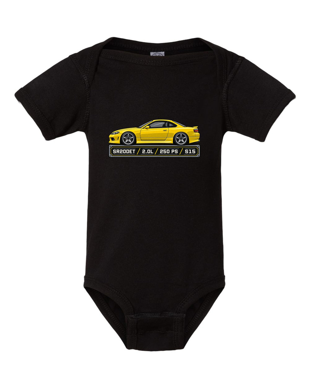 Spec-sheet data plate print for the Nissan Silvia S15 listing SR20DET 2.0L 250 PS black baby onesie front view with the design