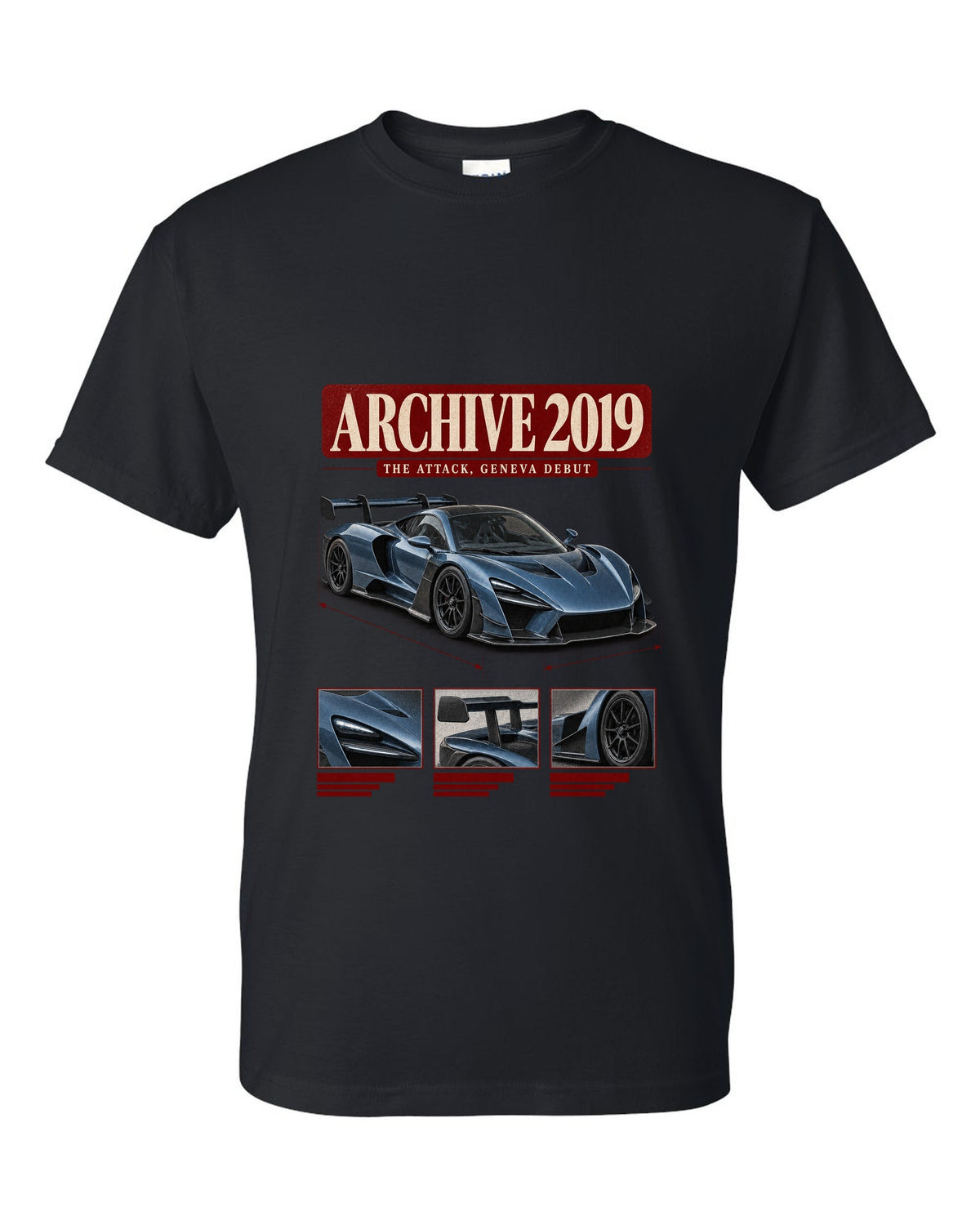 Archive panel design of the Koenigsegg Jesko Attack front three-quarter, print black t-shirt front view with the design