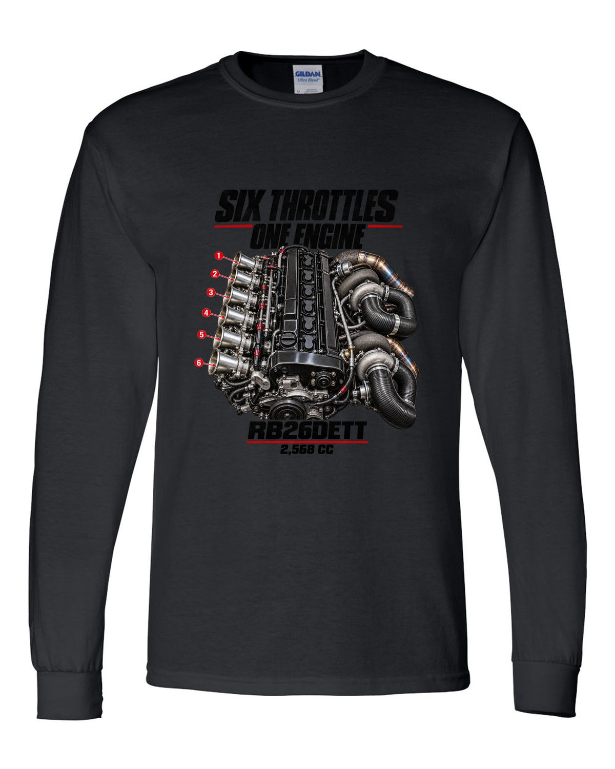 print of the RB26DETT six-throttle engine from the Nissan Skyline GT-R R32 black long sleeve front view with the design