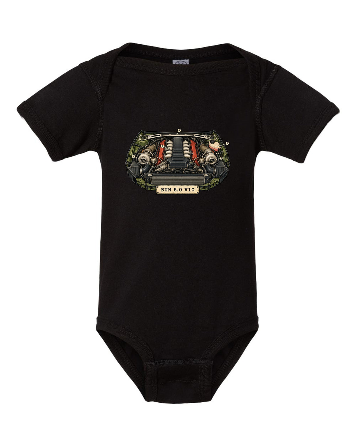 Vintage patent drawing design of the Audi RS6 Avant C6 4F with 5.0 V10 lettering black baby onesie front view with the design