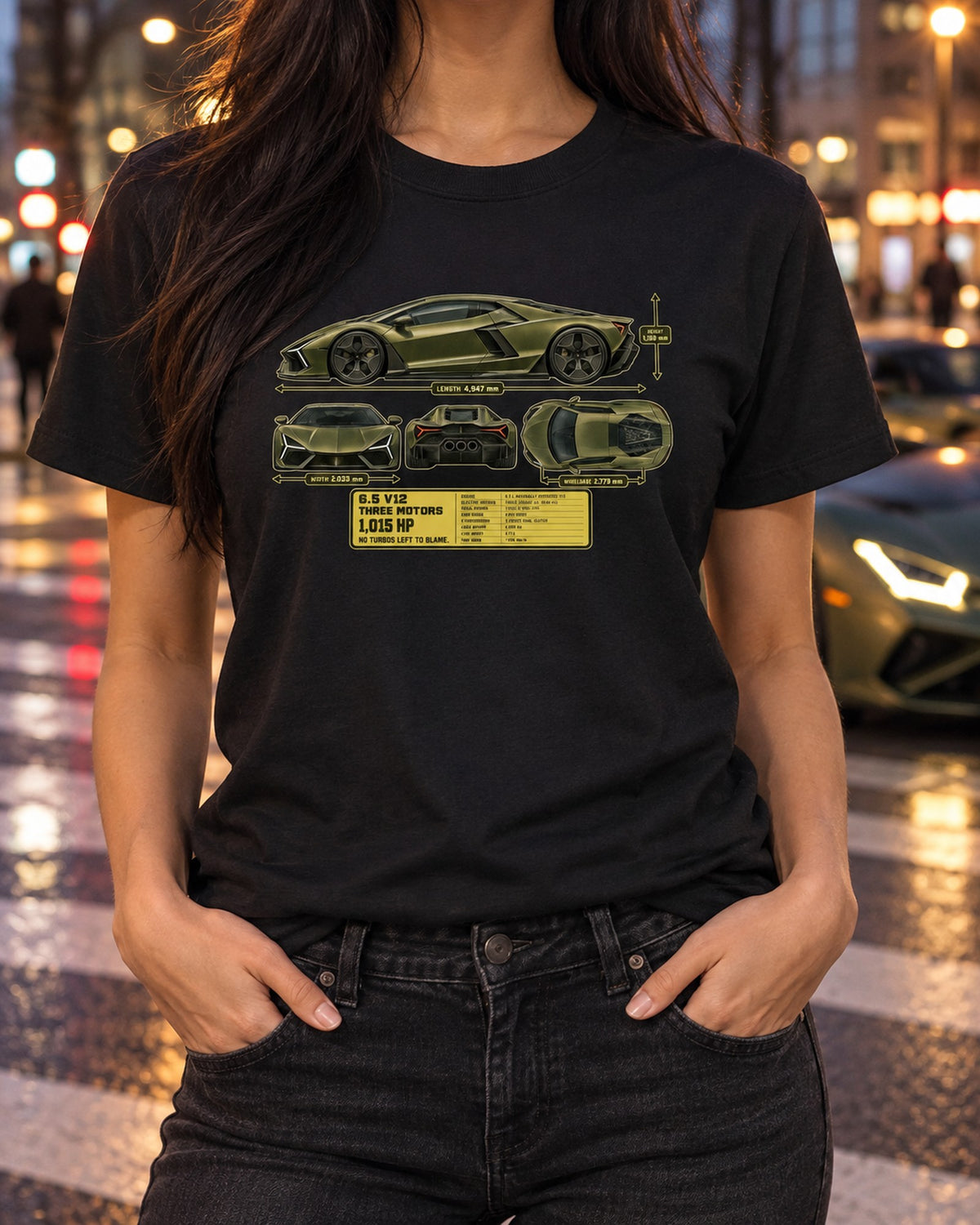 Lamborghini Revuelto Dimension Blueprint Shirt, V12 Hybrid Tee T-Shirt Black worn hero