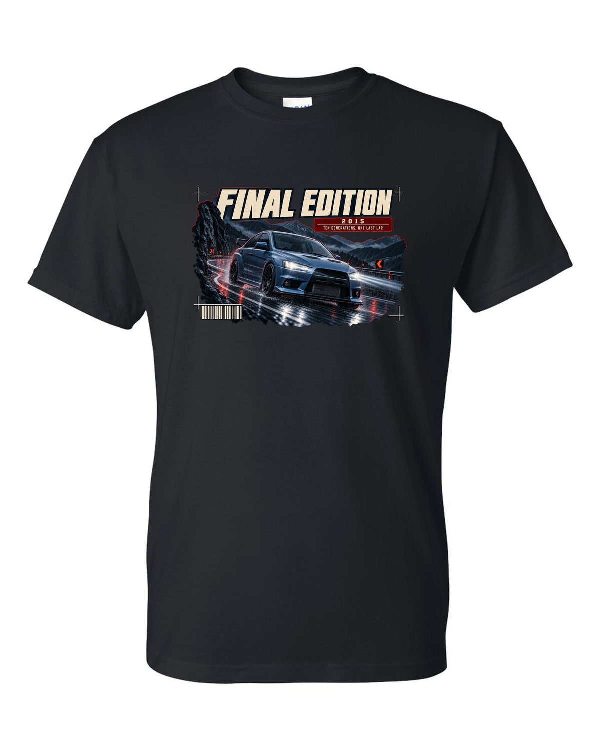 Mitsubishi Lancer Evolution X Final Edition low front three-quarter at night print black t-shirt front view with the design