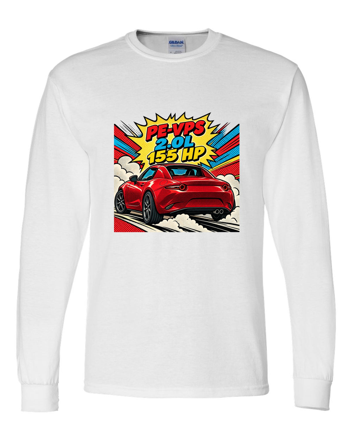 Comic halftone pop art Mazda MX-5 ND RF with PE-VPS 2.0L 155 HP spec line white long sleeve front view with the design