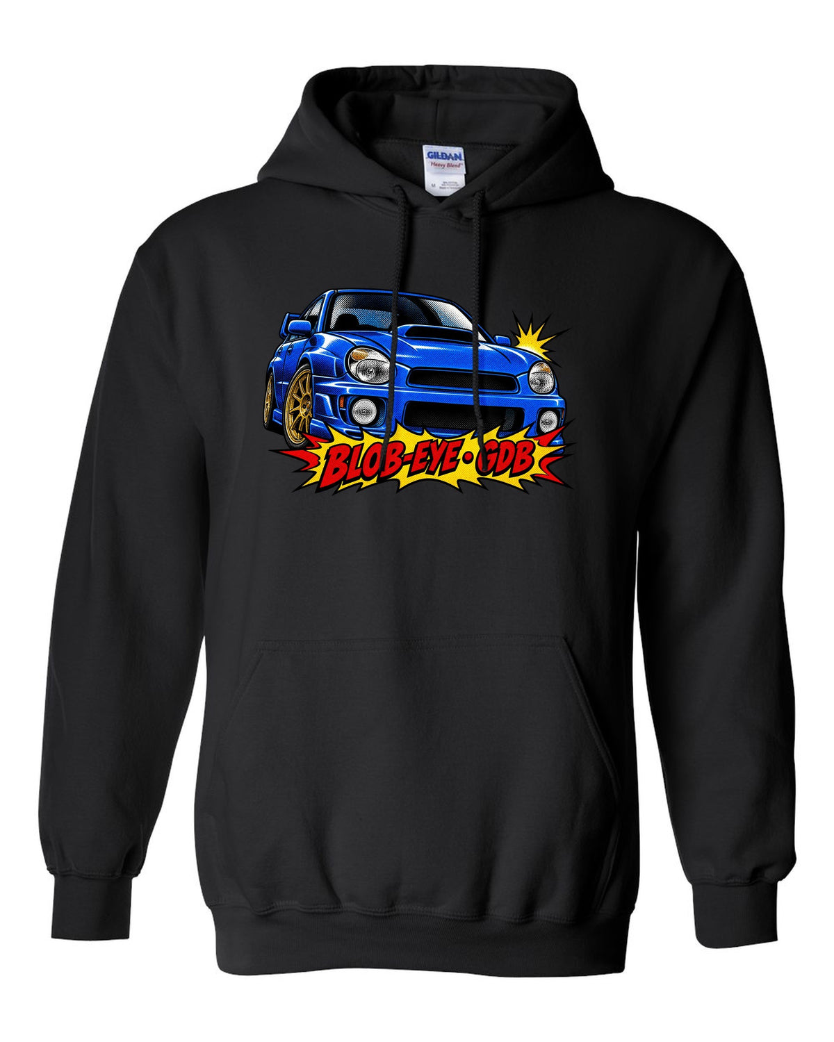 Halftone pop-art print of a Subaru Impreza WRX STI GDB with blob-eye GDB lettering black pull over hoodie front view with the design