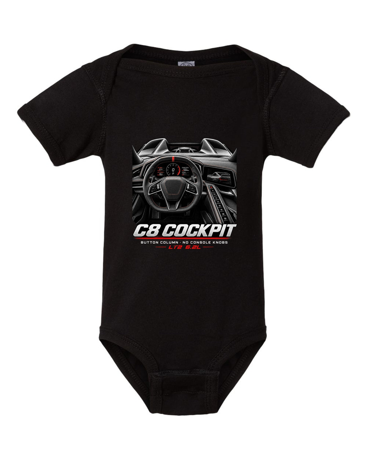 Corvette C8 Stingray 2020 cockpit with button column black baby onesie front view with the design