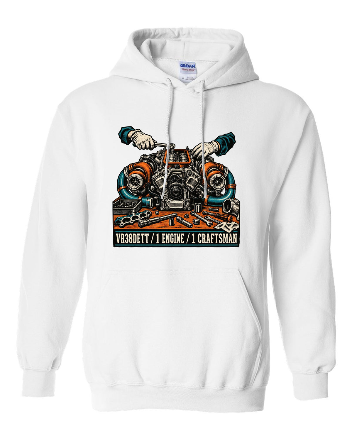 Linocut block-print back design of a Nissan GT-R R35 with VR38DETT engine text white pull over hoodie front view with the design