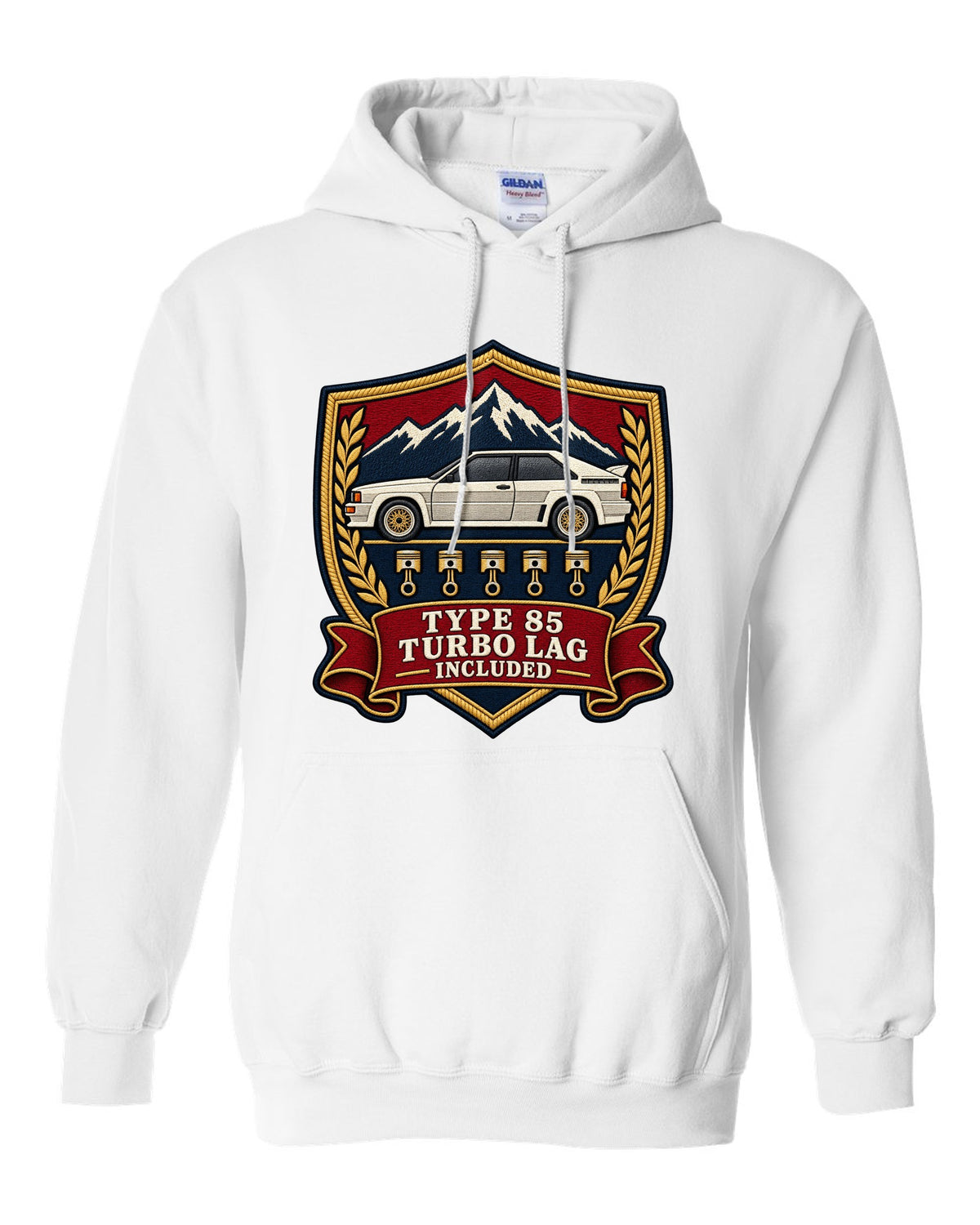 Varsity shield crest print of an Audi Ur-Quattro Type 85 with Turbo Lag Included text white pull over hoodie front view with the design