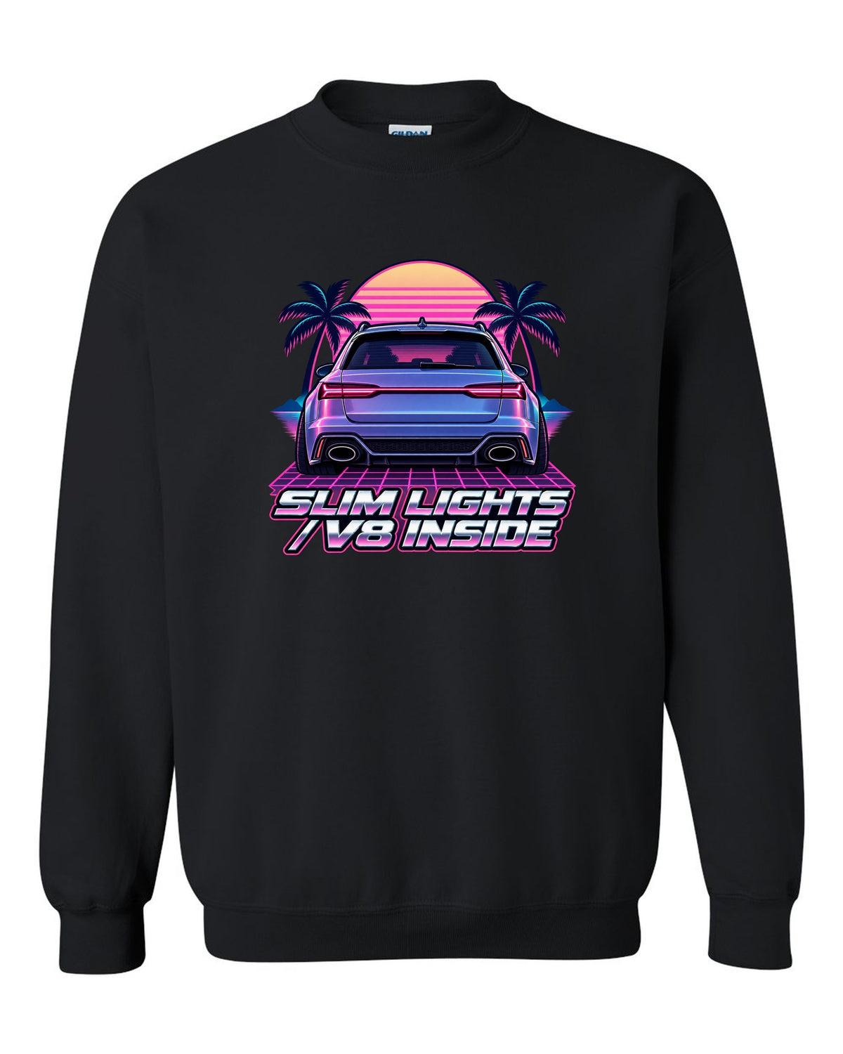 Pastel vaporwave design of the Audi RS6 Avant C7 4G with slim lights V8 inside lettering black crewneck front view with the design