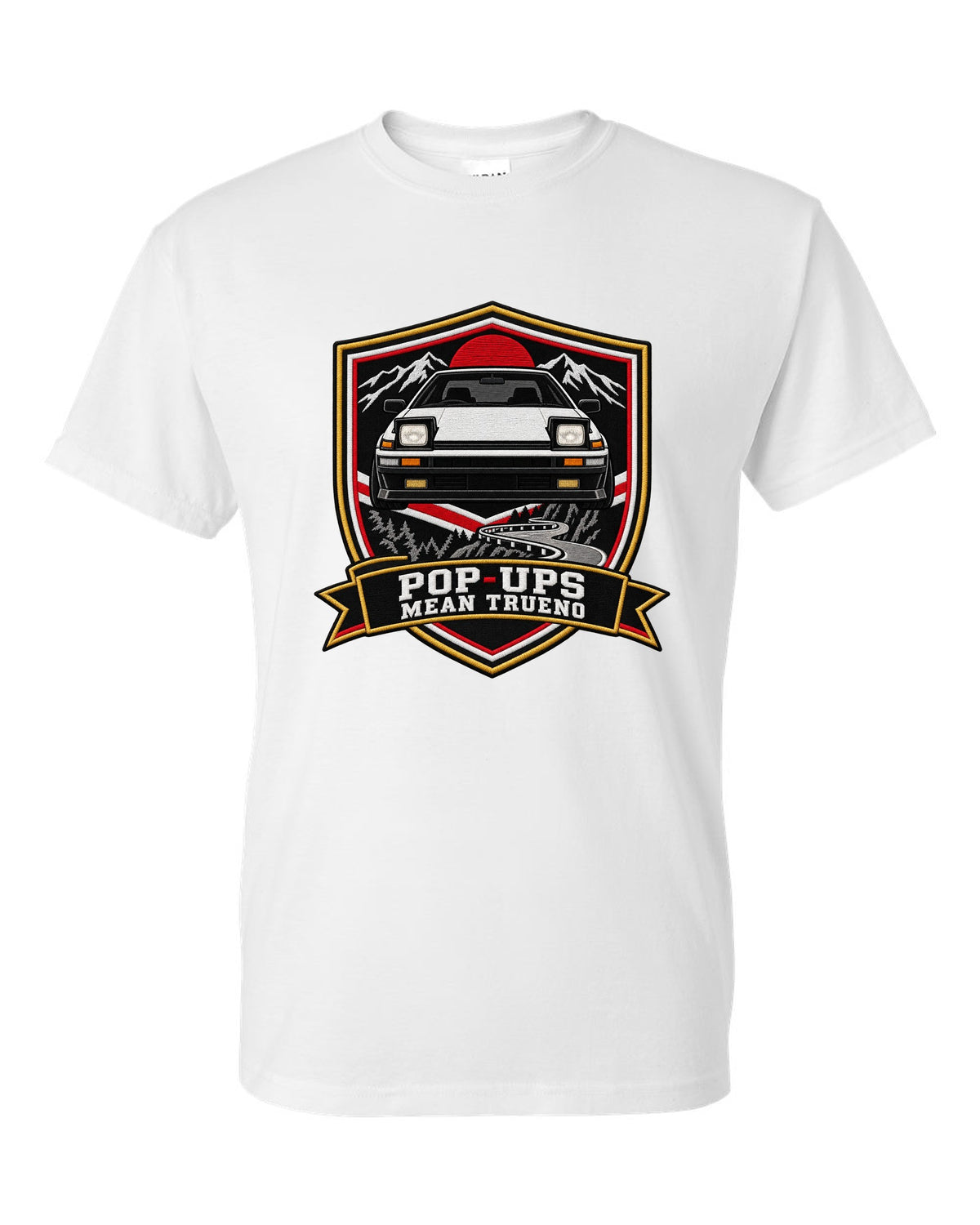 Embroidery varsity crest print of a Toyota Sprinter Trueno AE86 with Pop-Ups lettering white t-shirt front view with the design