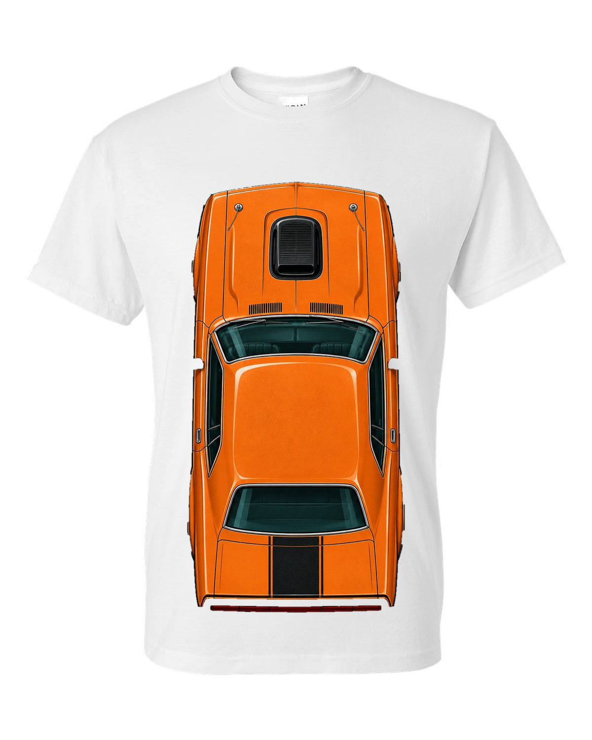 Overhead spec-sheet data plate illustration of a 1970 Dodge Challenger R/T in Go Mango white t-shirt front view with the design