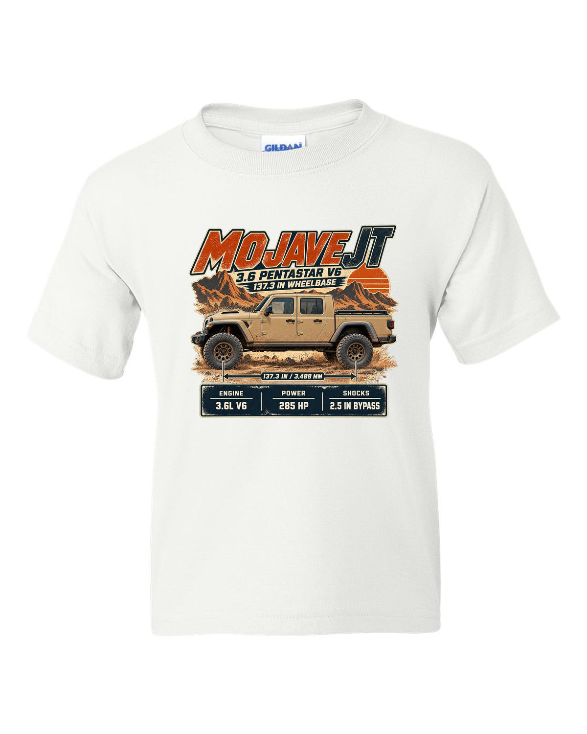 Spec poster print for the Jeep Gladiator Mojave JT with engine and wheelbase white kids tee front view with the design