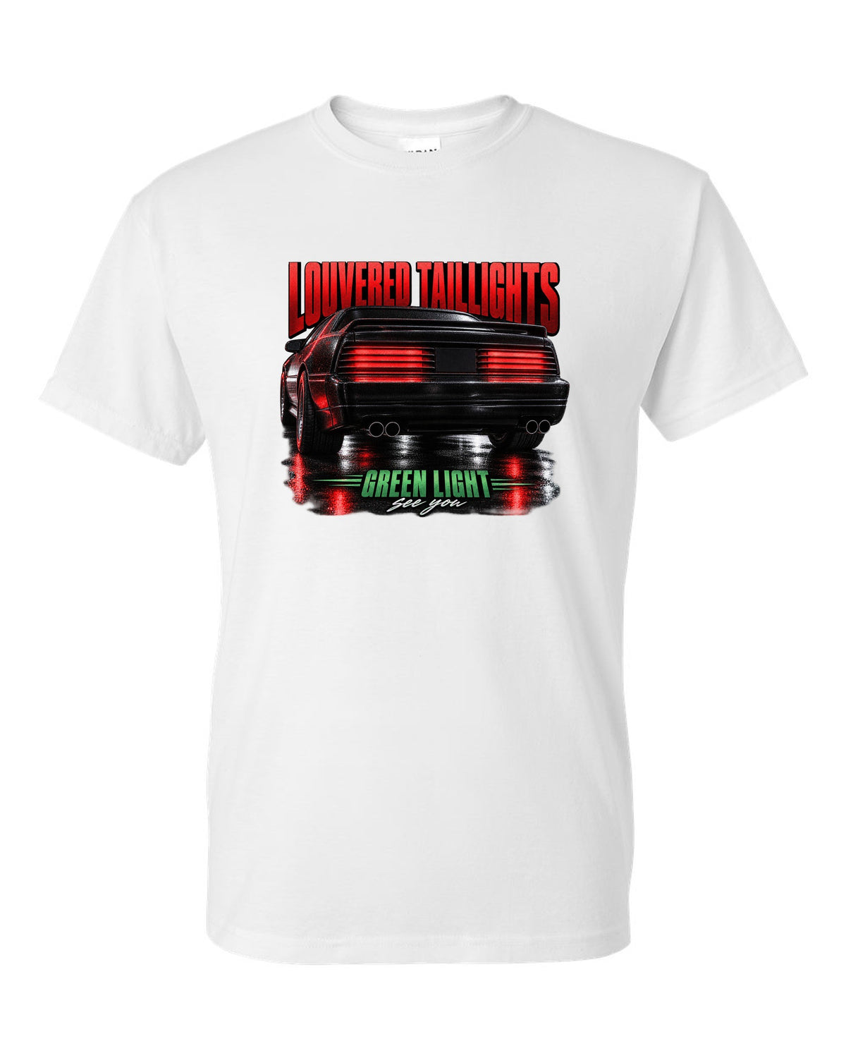Macro print of a louvered Fox Body Mustang GT taillight, 1987-93 white t-shirt front view with the design