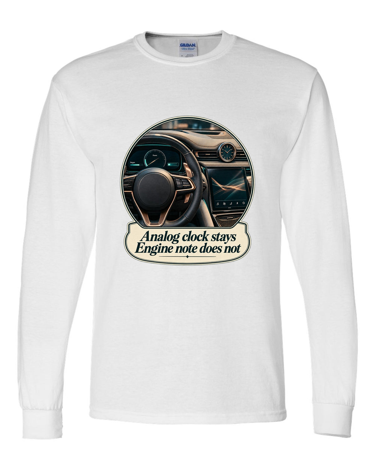 Maserati GranTurismo Folgore cockpit with analog clock, print white long sleeve front view with the design