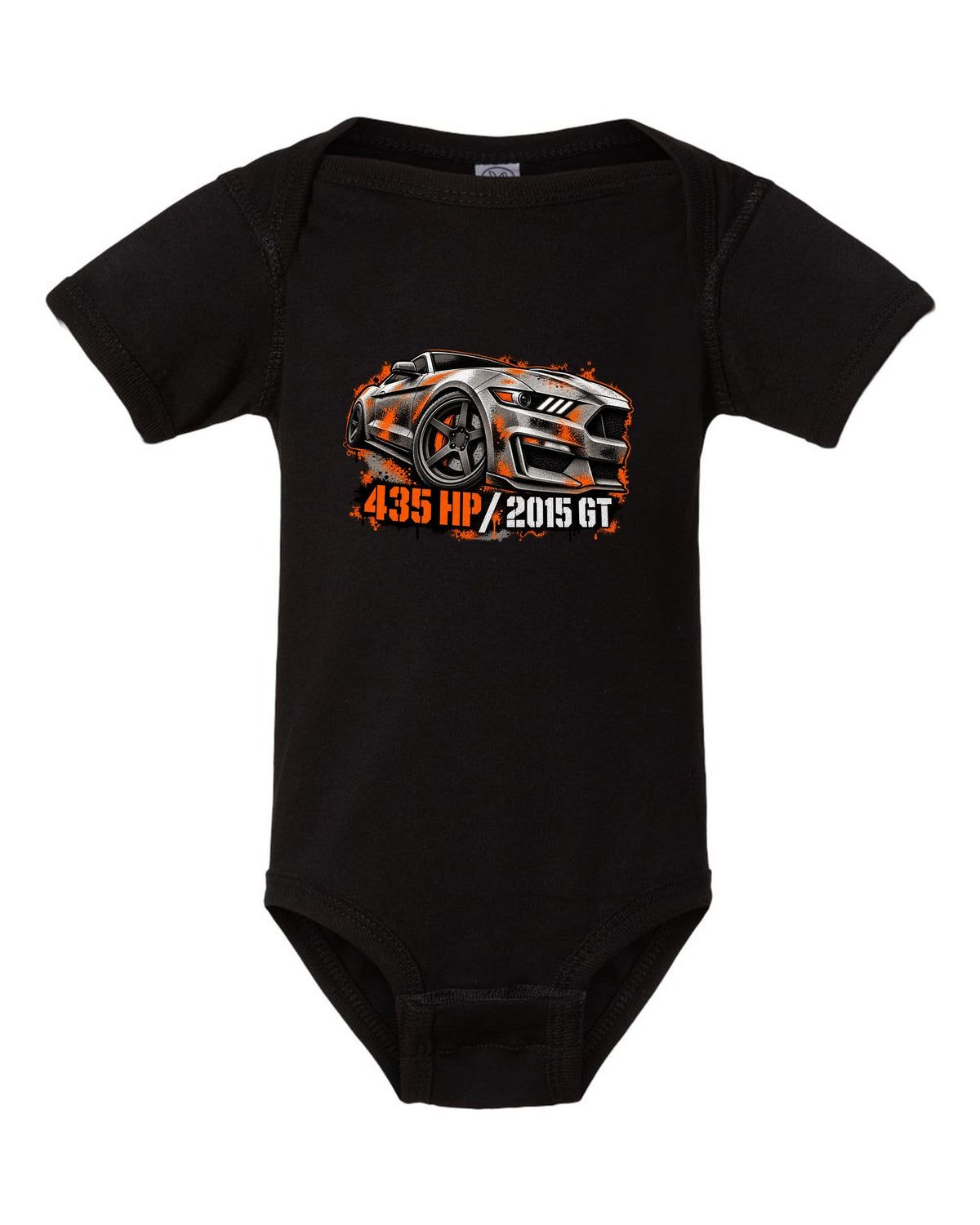Stencil spray street art 2015 S550 Ford Mustang GT fastback with 435 HP text black baby onesie front view with the design