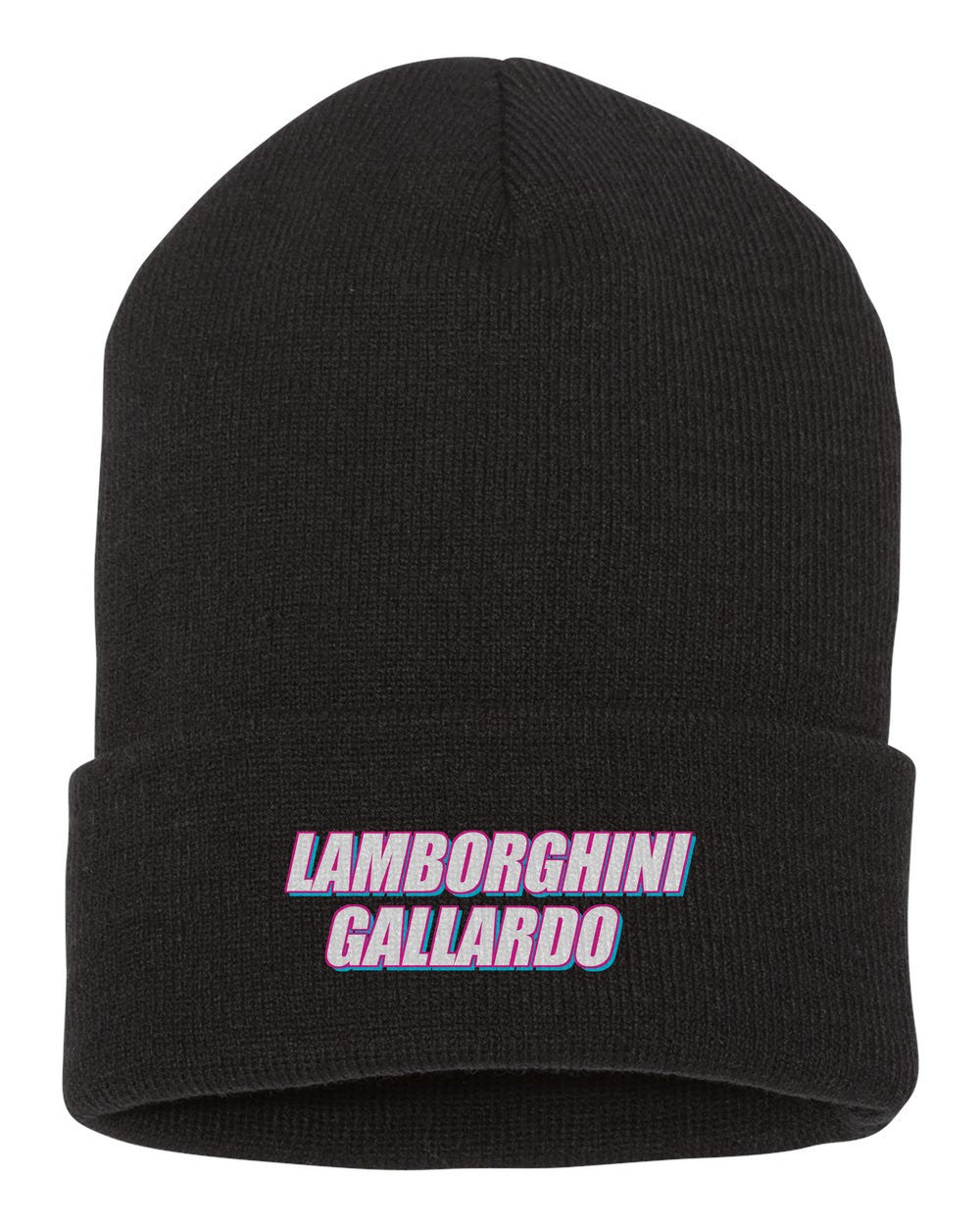 Lamborghini Gallardo black beanie front view with car name