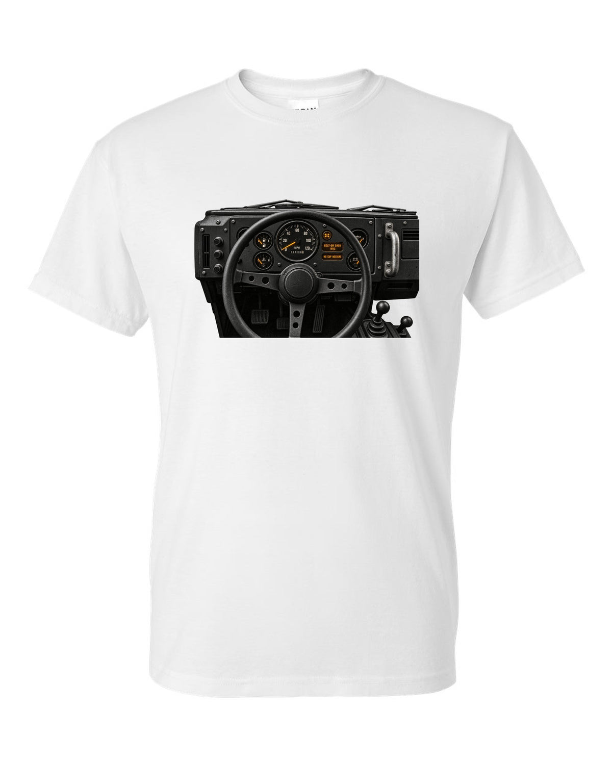 Land Rover Defender 110 cockpit gauge print with bolt-on dash text white t-shirt front view with the design