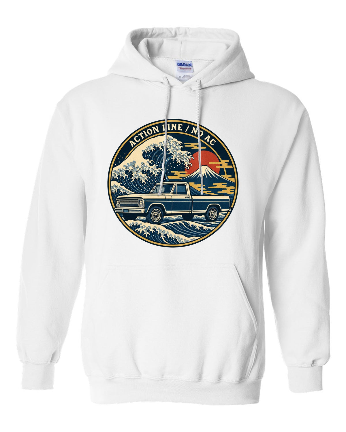 Ukiyo-e woodblock wave print of a 1967-72 Chevrolet C10 Action Line Fleetside with Action Line no AC lettering white pull over hoodie front view with the design