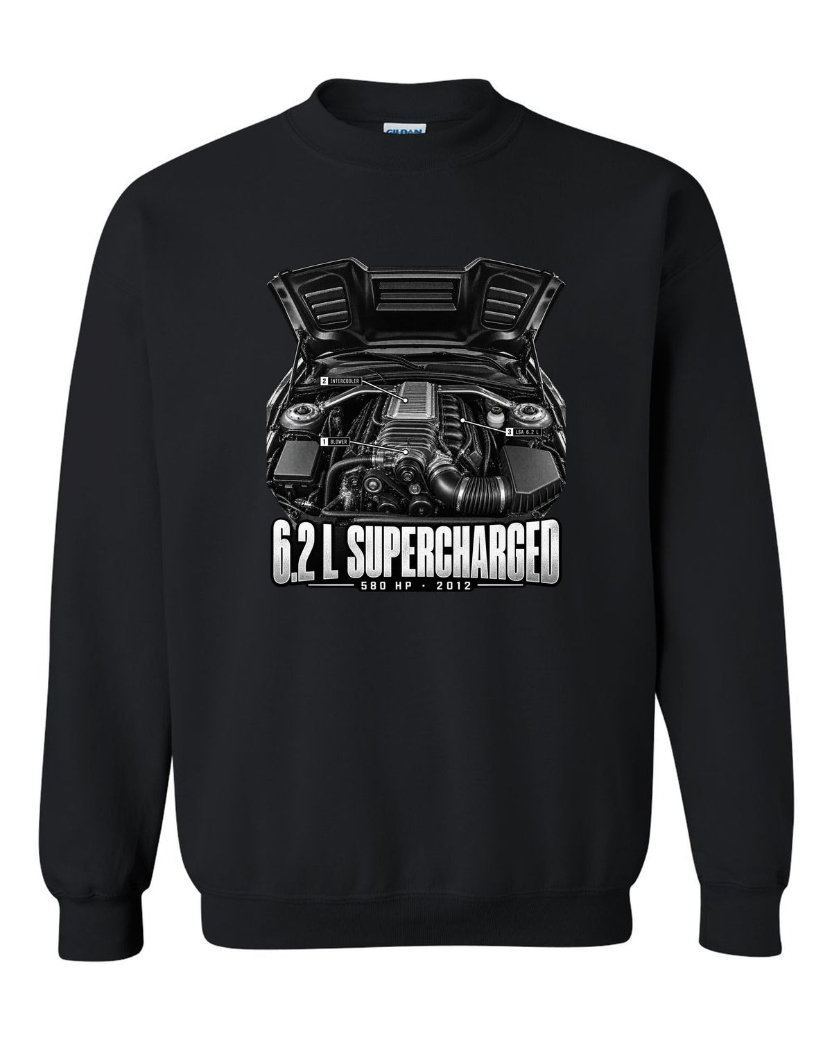 Engine hero print of a supercharged 6.2 L LSA in a 2013 Chevrolet Camaro ZL1 with numbered callouts black crewneck front view with the design