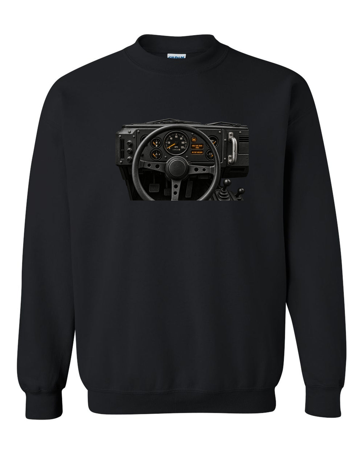 Land Rover Defender 110 cockpit gauge print with bolt-on dash text black crewneck front view with the design