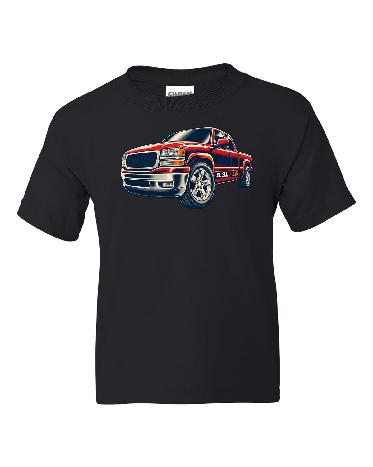Retro screen-print wheel close-up print for a 1999-2006 Chevrolet Silverado GMT800 with 5.3L LS text black kids tee front view with the design