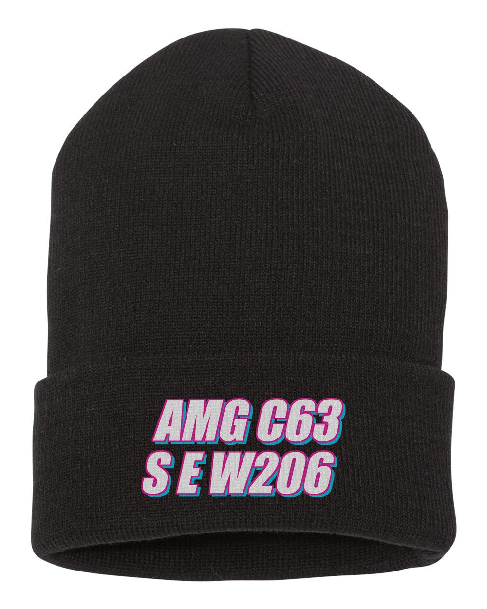 Amg C63 S E W206 black beanie front view with car name